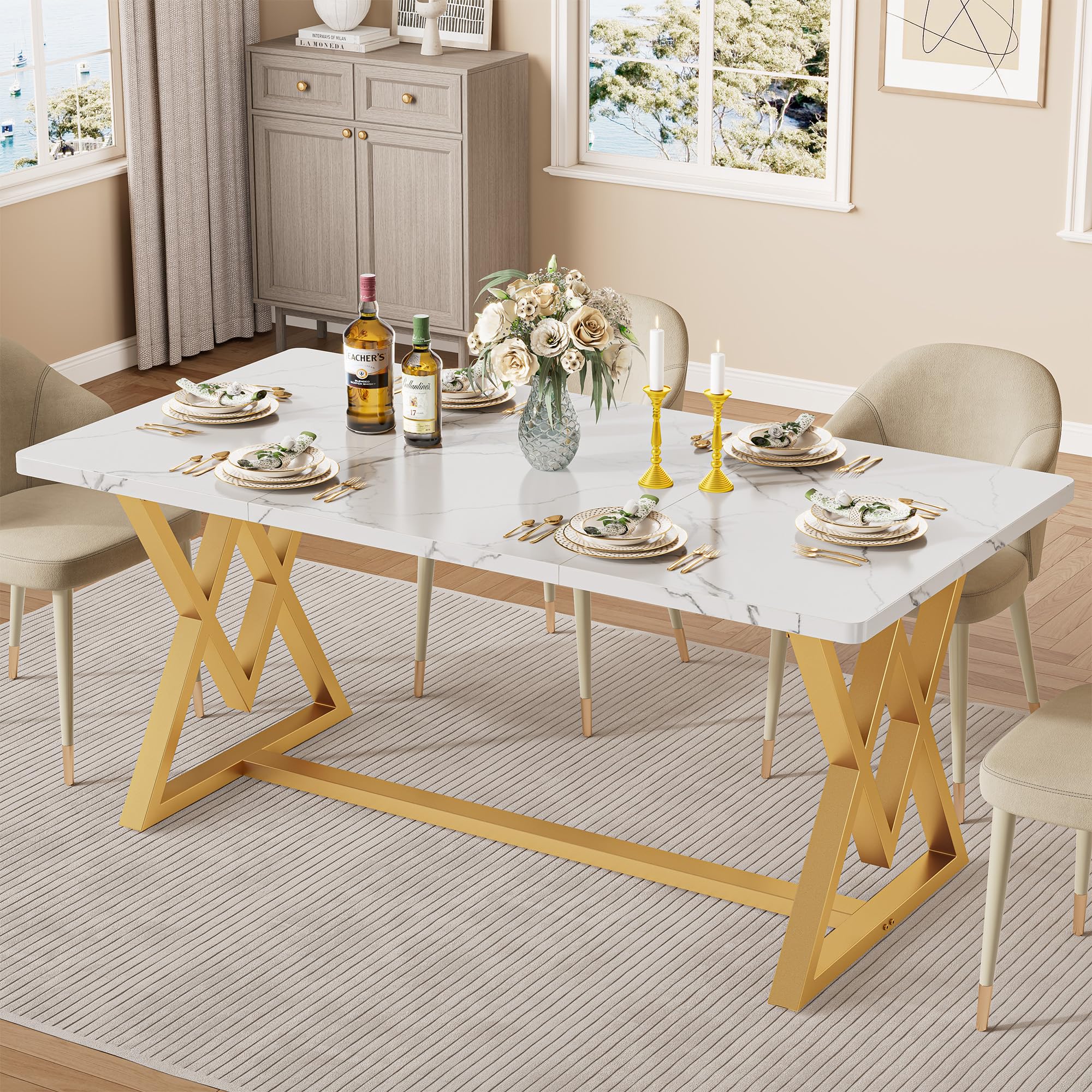 IRONCK 63" Dining Table for 4-6,  with Sturdy Metal Frame-White