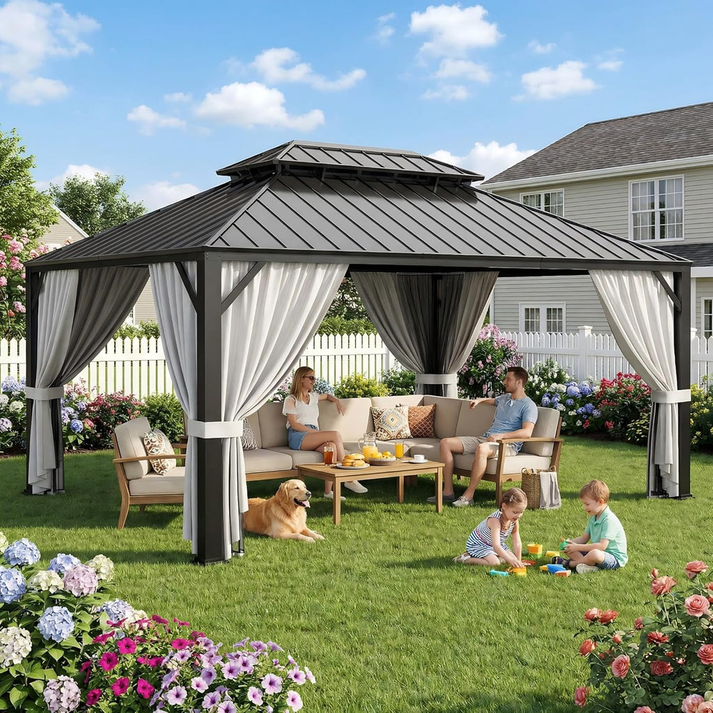 IRONCK Aluminum Patio Gazebo with Double Roof, with Net and Curtain