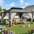 IRONCK Aluminum Patio Gazebo with Double Roof, with Net and Curtain