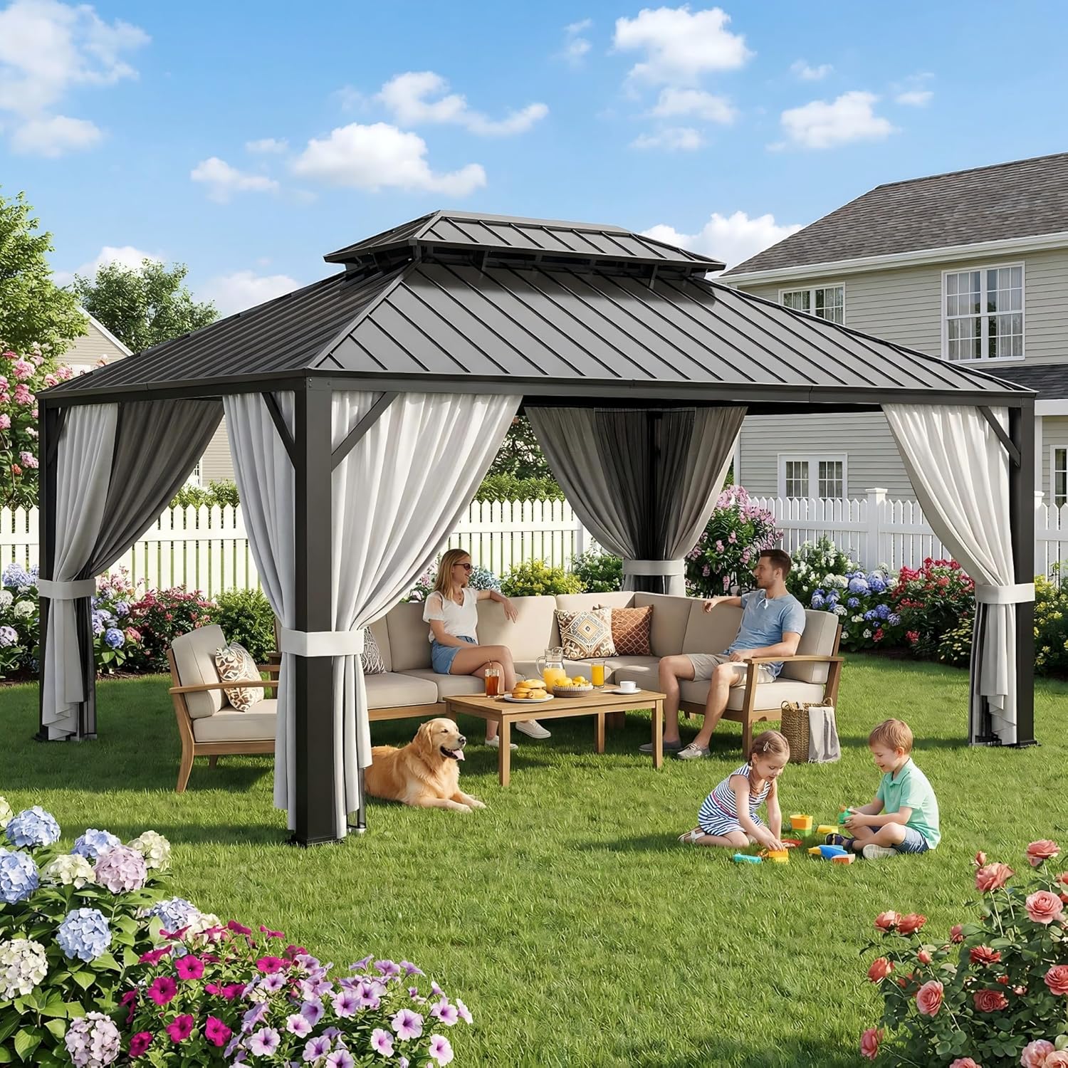 IRONCK Aluminum Patio Gazebo with Double Roof, with Net and Curtain