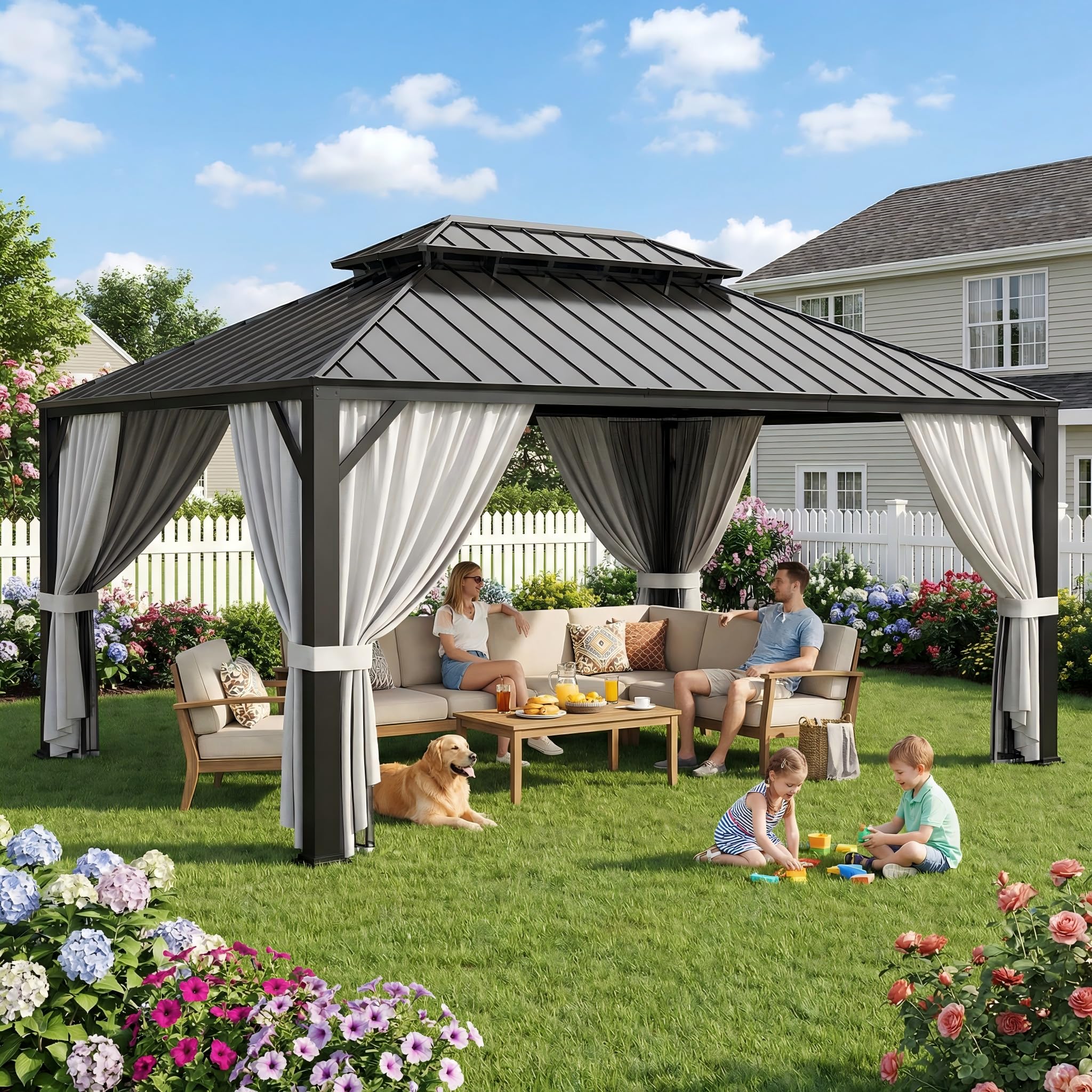IRONCK Aluminum Patio Gazebo with Double Roof, with Net and Curtain