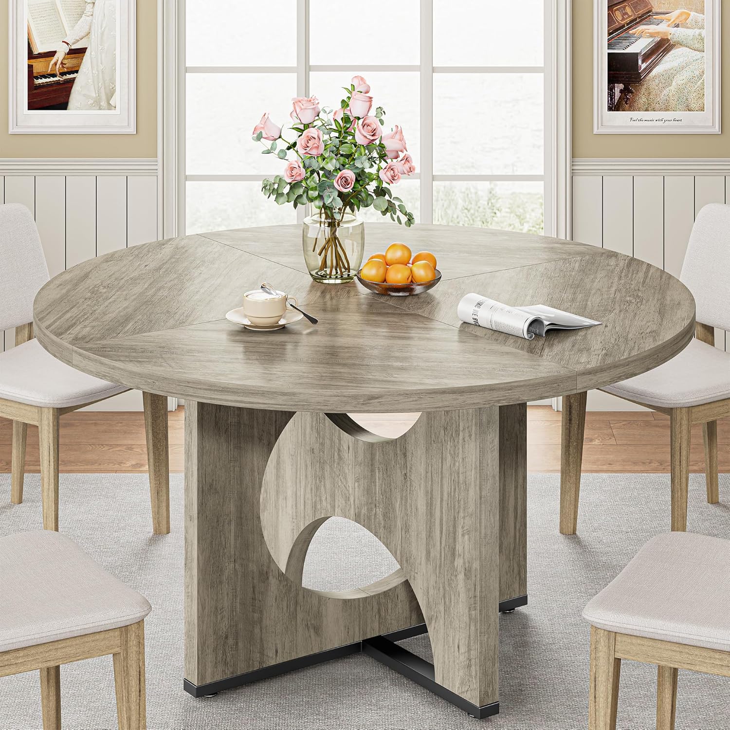 IRONCK 47.2" Wooden Round Dining Table for 4-6 People, Walnut