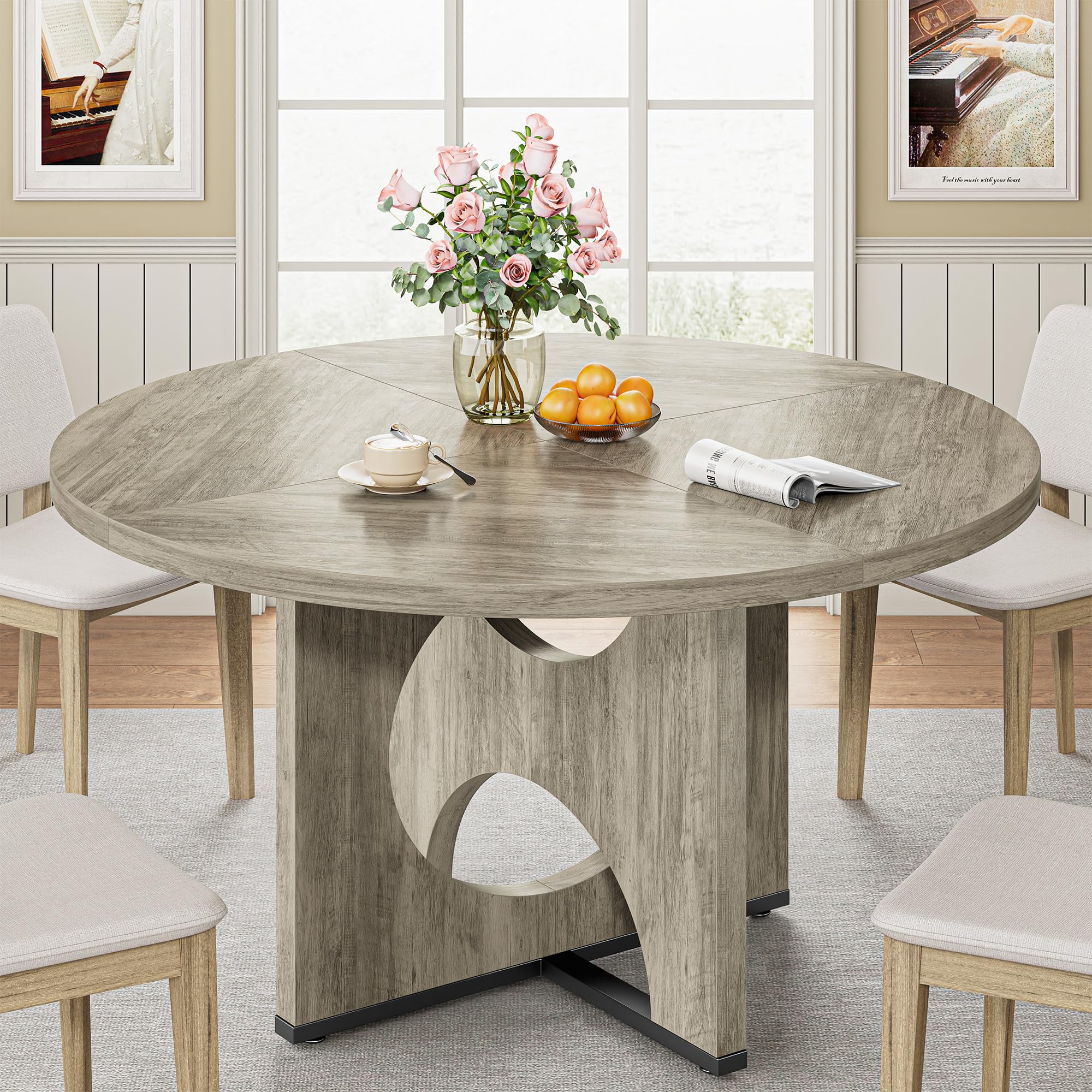 IRONCK 47.2" Wooden Round Dining Table for 4-6 People, Walnut
