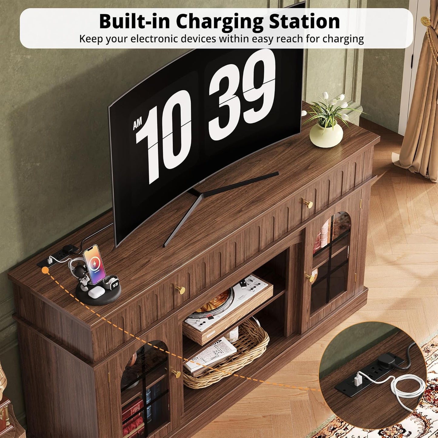 IRONCK TV Stand for 65 Inch TV, Entertainment Center with Charging Station, Brown