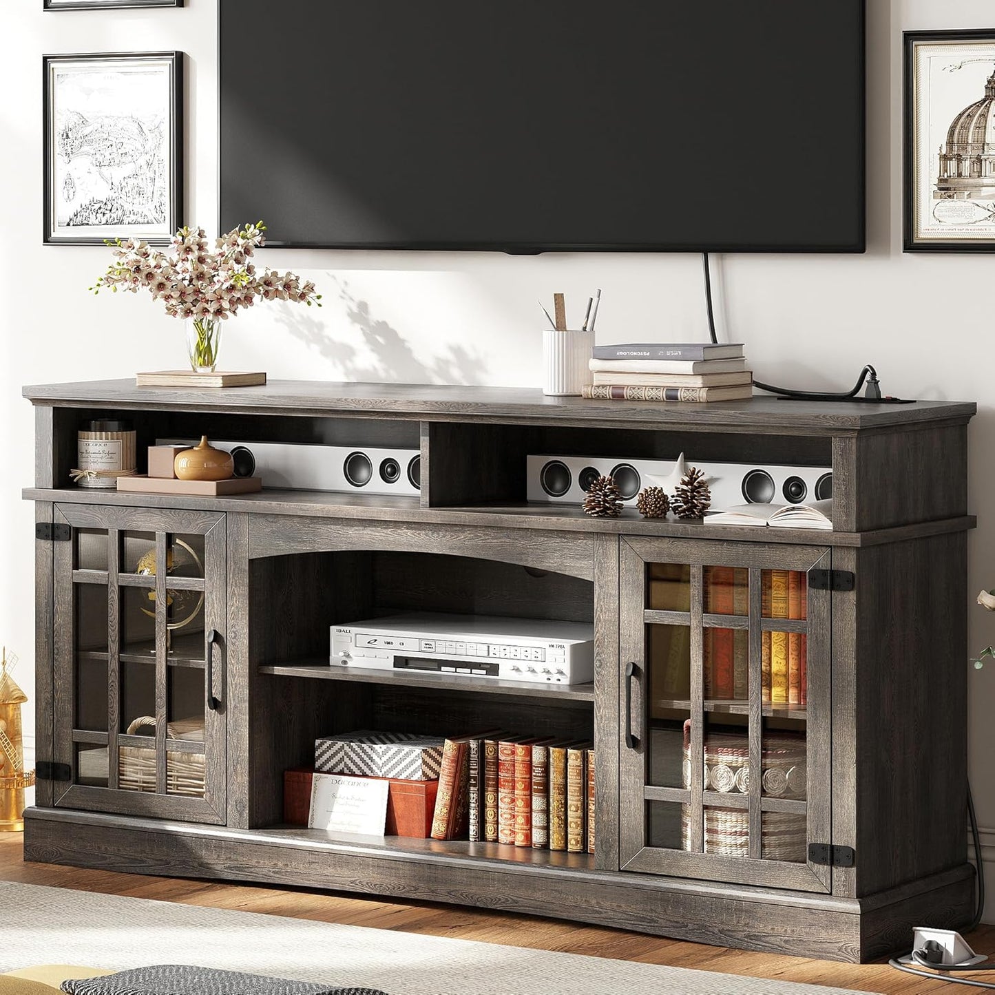 IRONCK Farmhouse TV Stand for 65 Inch TV, 32“Tall Entertainment Cente, Dark Rustic Oak