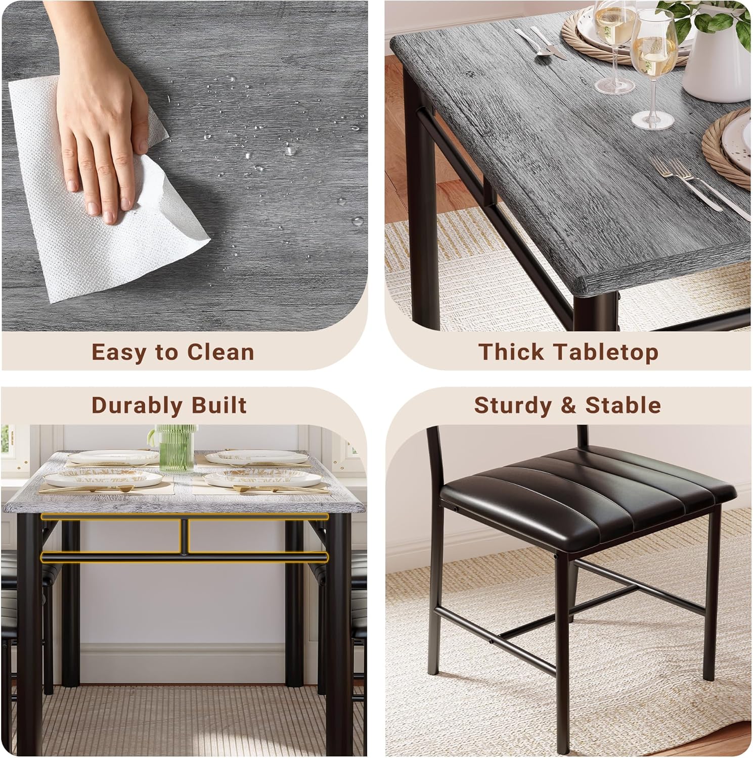 IRONCK Wood Dining Table Set, Wood Kitchen Table with Upholstered Chairs