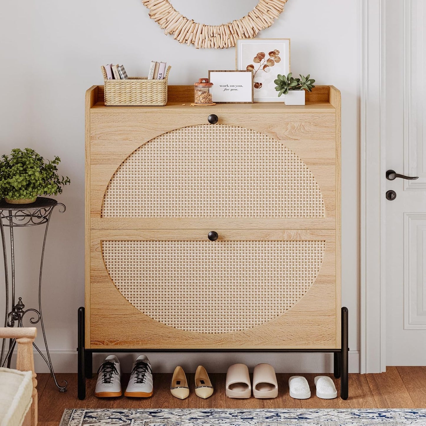 7 Furniture Shoe Cabinet Storage with 2 Flip Drawers, Free Standing Wooden Shoe Storage Organizer Cabinet with Rattan Doors for Entryway, Narrow Shoe Rack Cabinet, Oak