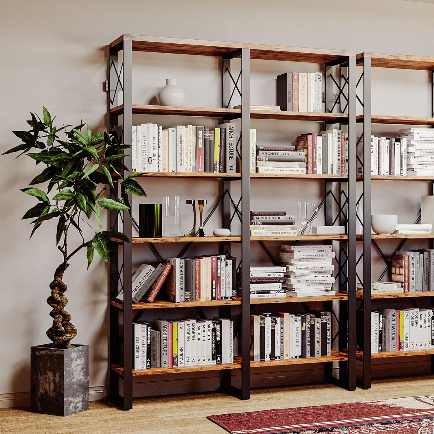 IRONCK Bookshelf Double Wide 6-Tier 76" H, Open Large Bookcase, Industrial Style Shelves