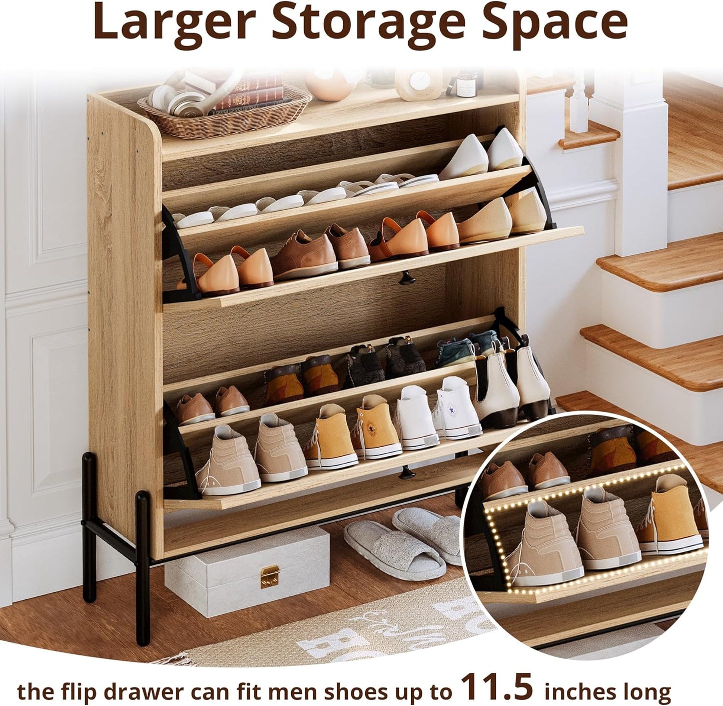 7 Furniture Shoe Cabinet Storage with 2 Flip Drawers, Free Standing Wooden Shoe Storage Organizer Cabinet with Rattan Doors for Entryway, Narrow Shoe Rack Cabinet, Oak