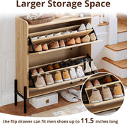 7 Furniture Shoe Cabinet Storage with 2 Flip Drawers, Free Standing Wooden Shoe Storage Organizer Cabinet with Rattan Doors for Entryway, Narrow Shoe Rack Cabinet, Oak