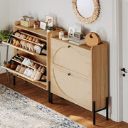7 Furniture Shoe Cabinet Storage with 2 Flip Drawers, Free Standing Wooden Shoe Storage Organizer Cabinet with Rattan Doors for Entryway, Narrow Shoe Rack Cabinet, Oak