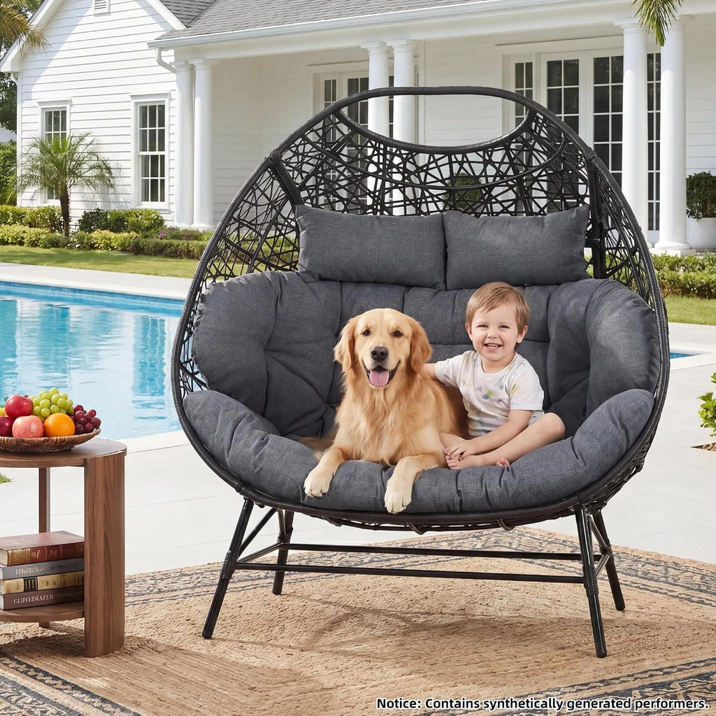 IRONCK Patio Double Egg Chair Outdoor, Oversized Egg Chair for Outside, Extra Large Cushions, Upgraded Frame, 700 Lbs, 2 Person Seat for Poolside, Balcony, Indoor, Black