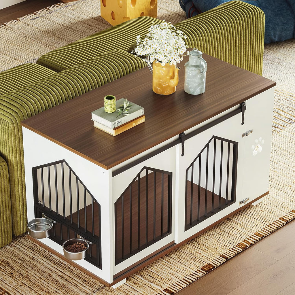 IRONCK Large Dog Crate Furniture with 2 Rotatable Dog Bowls, White