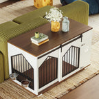 IRONCK Large Dog Crate Furniture with 2 Rotatable Dog Bowls, White