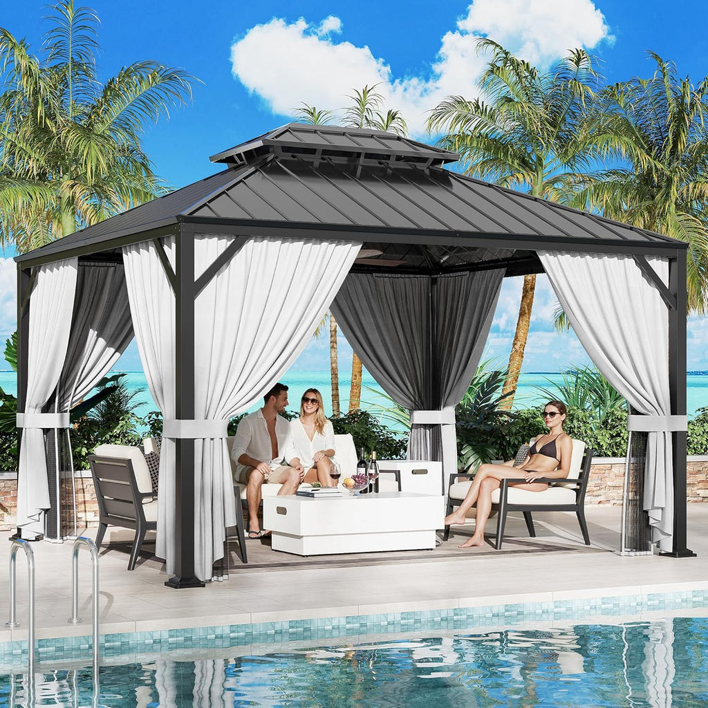 IRONCK Aluminum Patio Gazebo with Double Roof, with Net and Curtain
