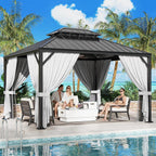 IRONCK Aluminum Patio Gazebo with Double Roof, with Net and Curtain