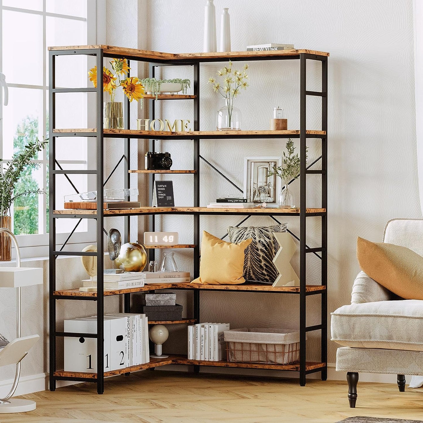 5-Tiers Corner Bookcase with Curved Panels