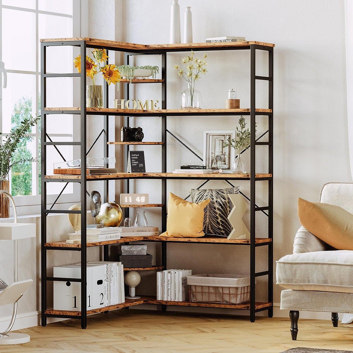 【HOT】5-Tiers Corner Bookcase with Curved Panels