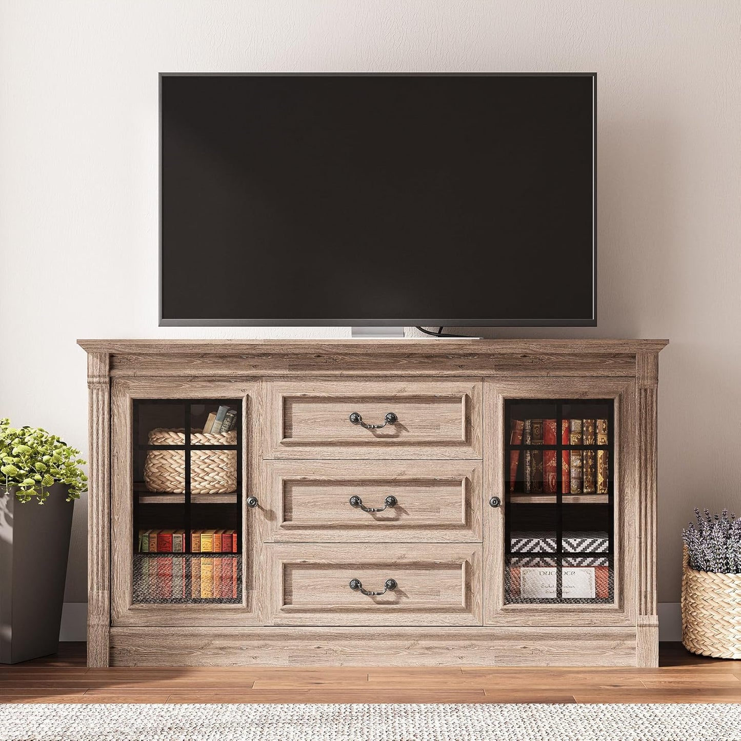 IRONCK Farmhouse TV Stand for 65 Inch TV with Outlets, Light Rustic Oak