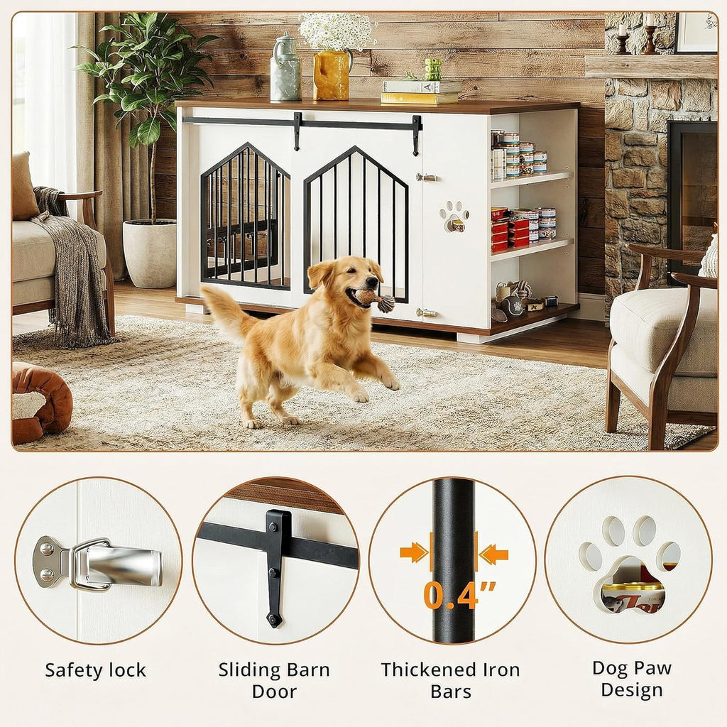 IRONCK Large Dog Crate Furniture with 2 Rotatable Dog Bowls, White