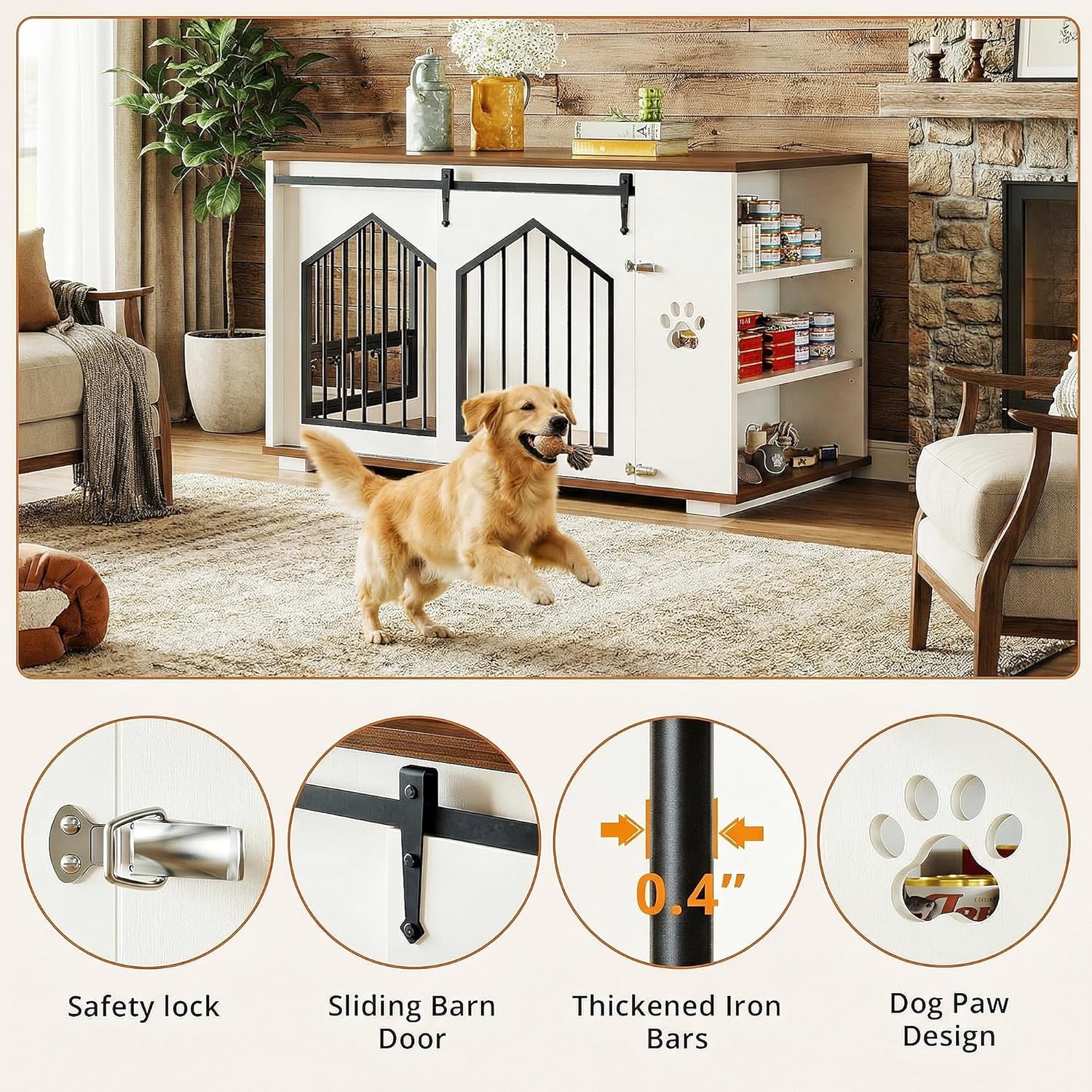 IRONCK Large Dog Crate Furniture with 2 Rotatable Dog Bowls, White