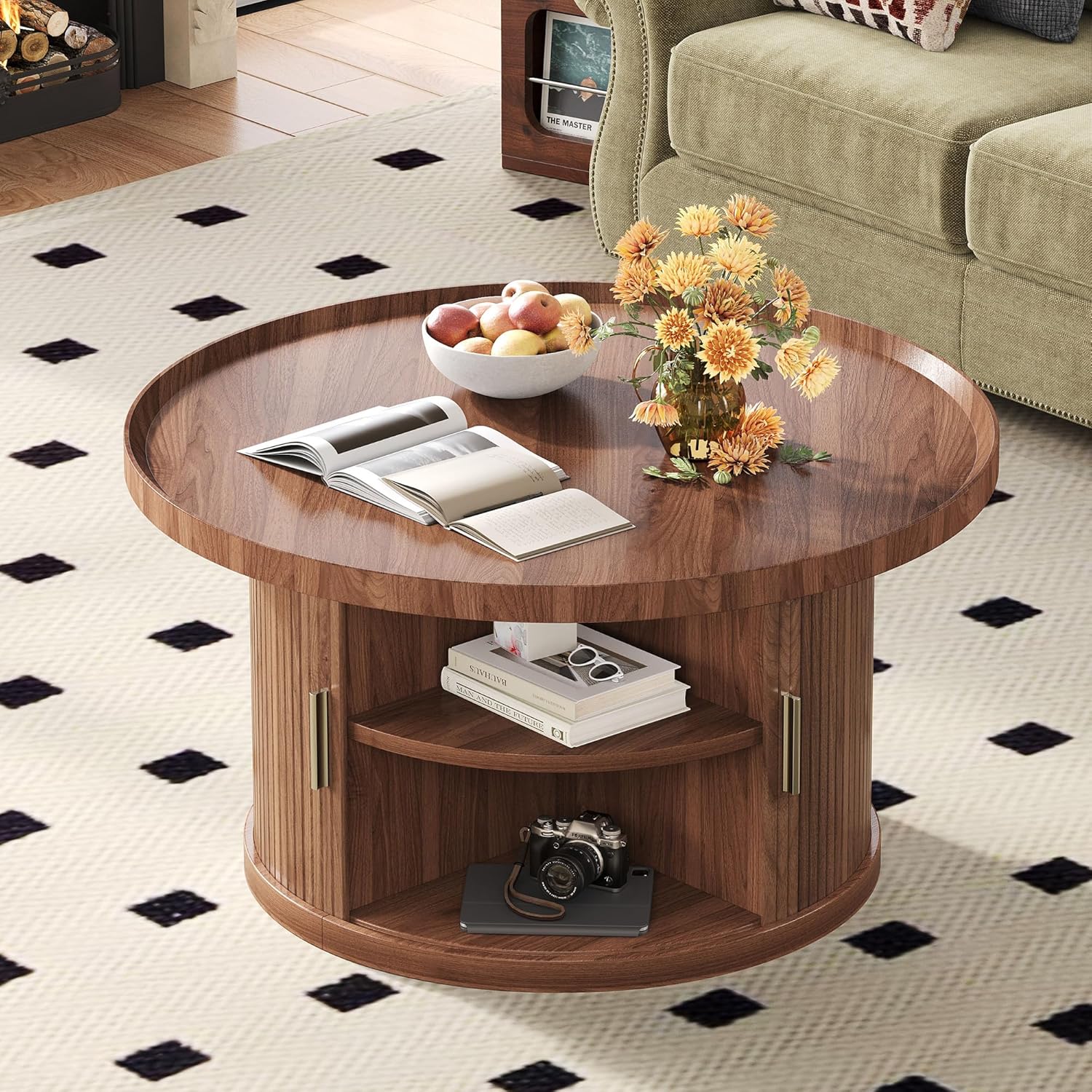 IRONCK Coffee Table, 31.5" Round Coffee Table with Storage & Sliding Tambour Door, Fluted Center Table for Living Room, Small Space, Mid Century Modern, Walnut