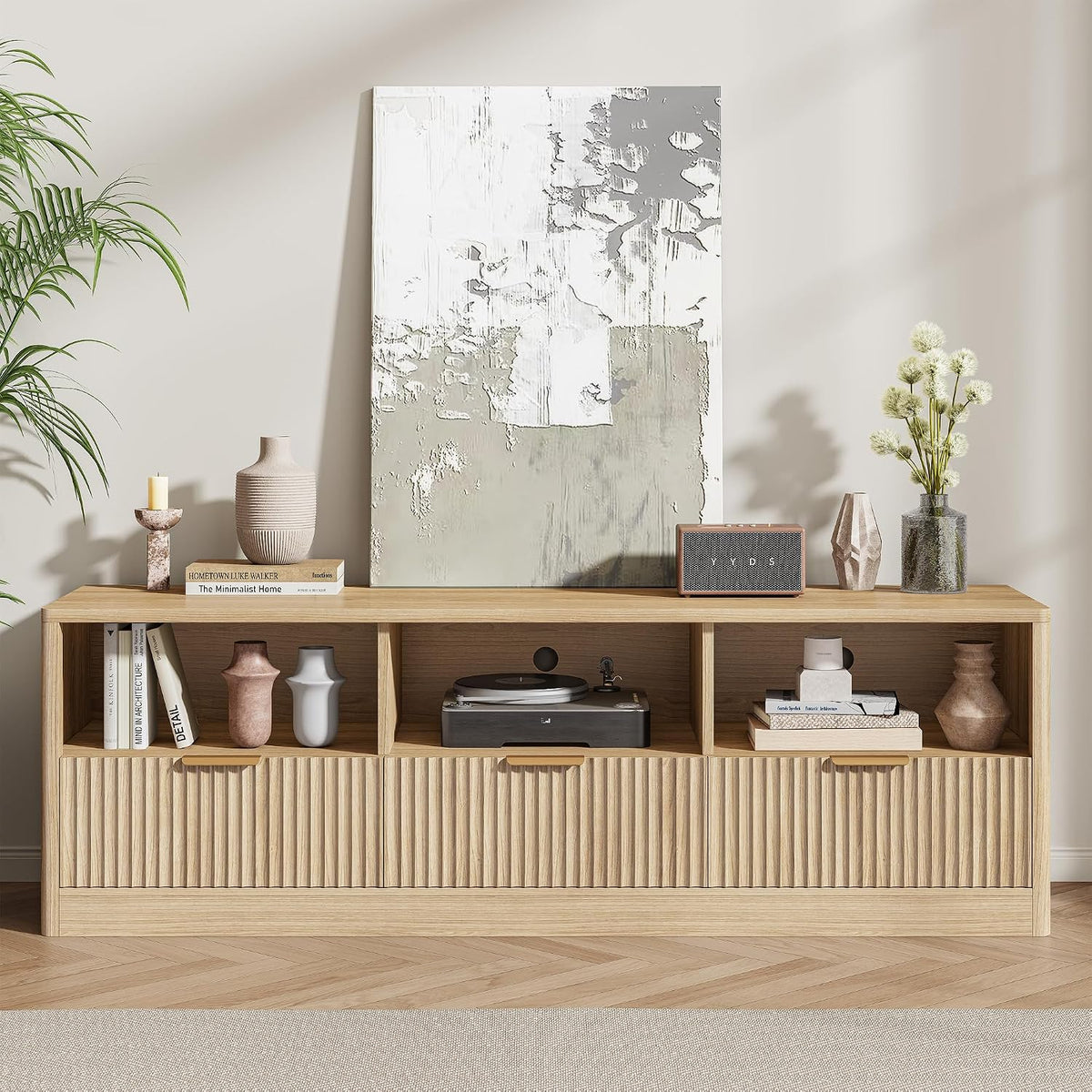 IRONCK 59" Fluted TV Stand for TVs Up to 65", Natural Oak