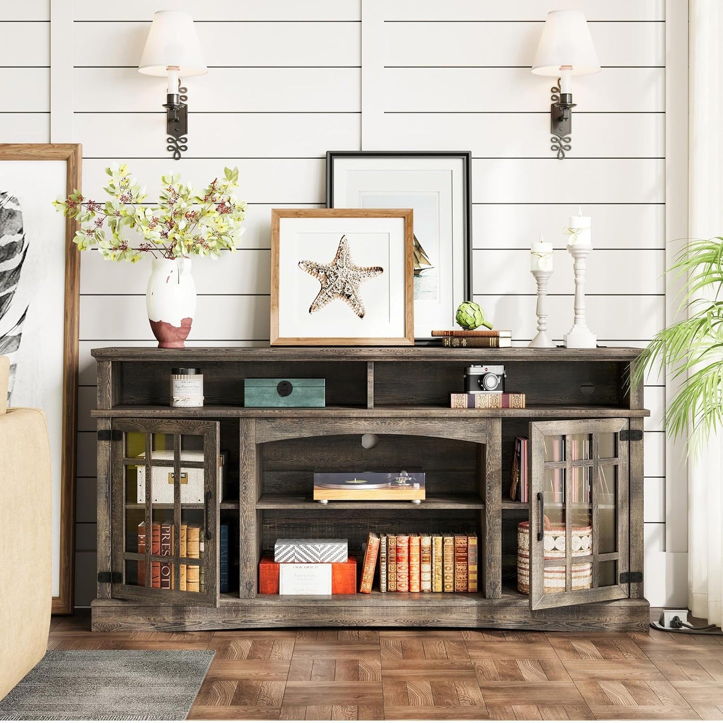 IRONCK Farmhouse TV Stand for 65 Inch TV, 32“Tall Entertainment Cente, Dark Rustic Oak