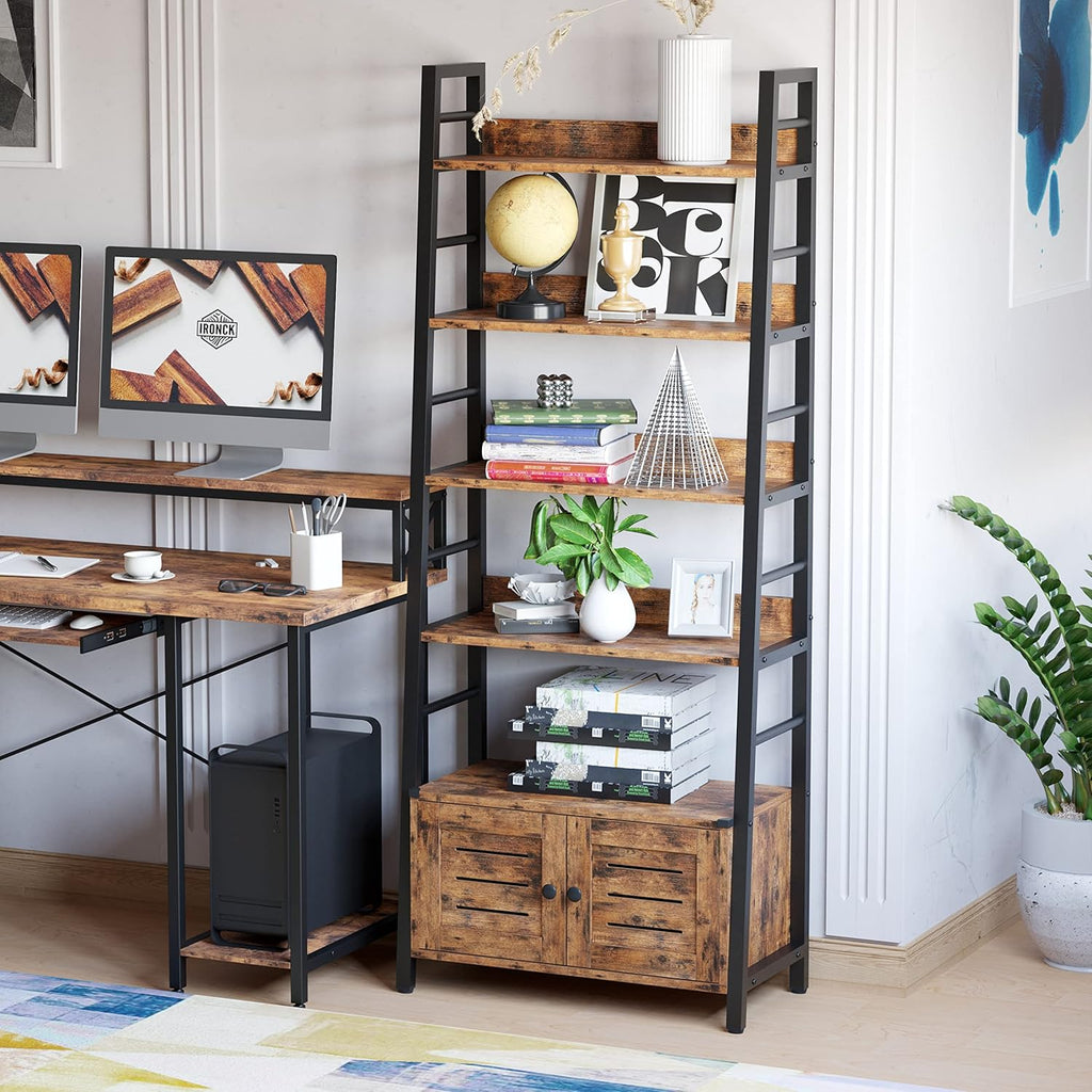 IRONCK 4-Tier Ladder Bookshelf with Louvered Doors, Rustic Brown