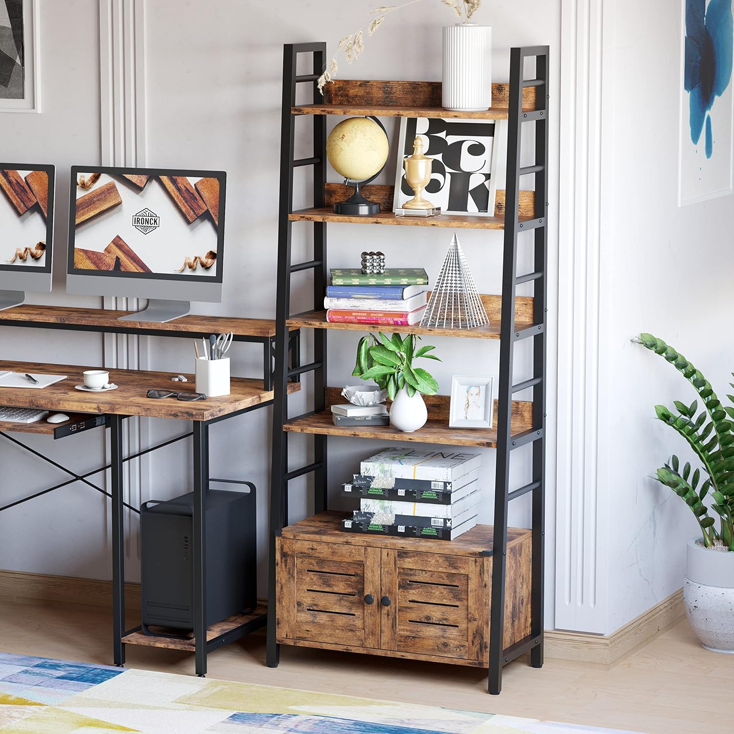 IRONCK 4-Tier Ladder Bookshelf with Louvered Doors, Rustic Brown