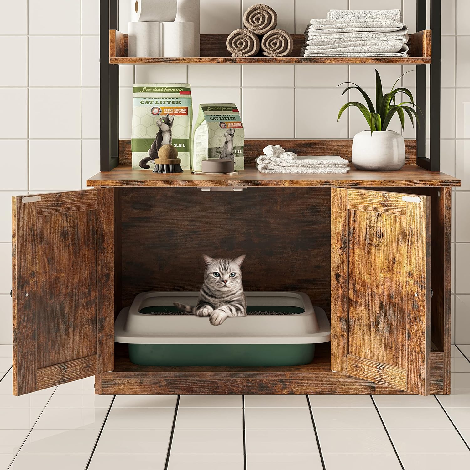 IRONCK Litter Box Enclosure with 4 Shelves and Doors