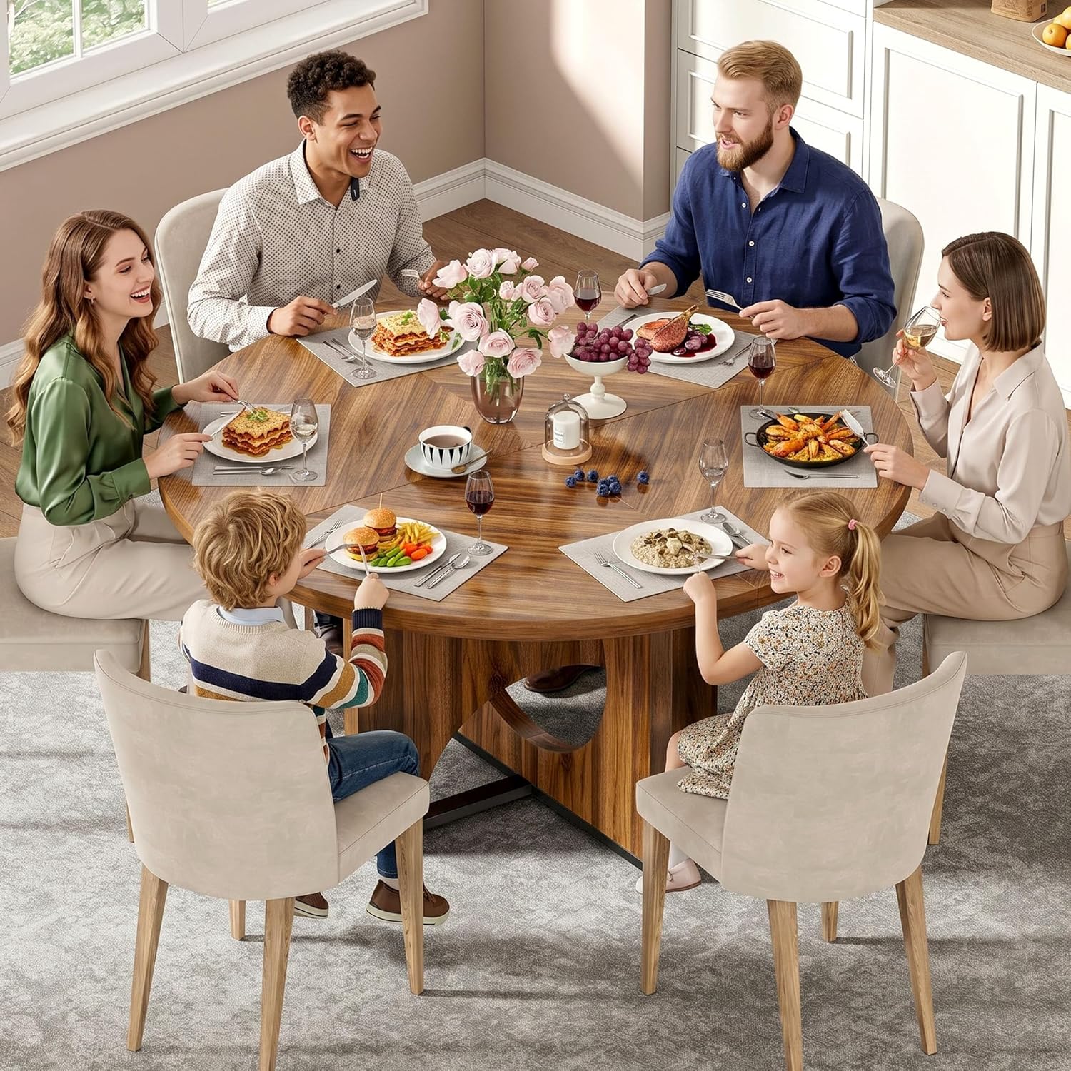 IRONCK 47.2" Wooden Round Dining Table for 4-6 People, Walnut