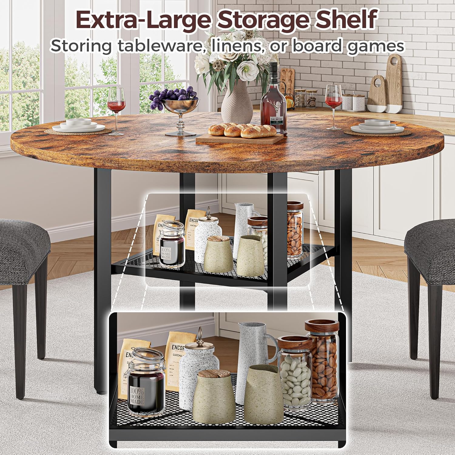 IRONCK 47.2" Wood Round Dining Table for 4, Rustic Brown