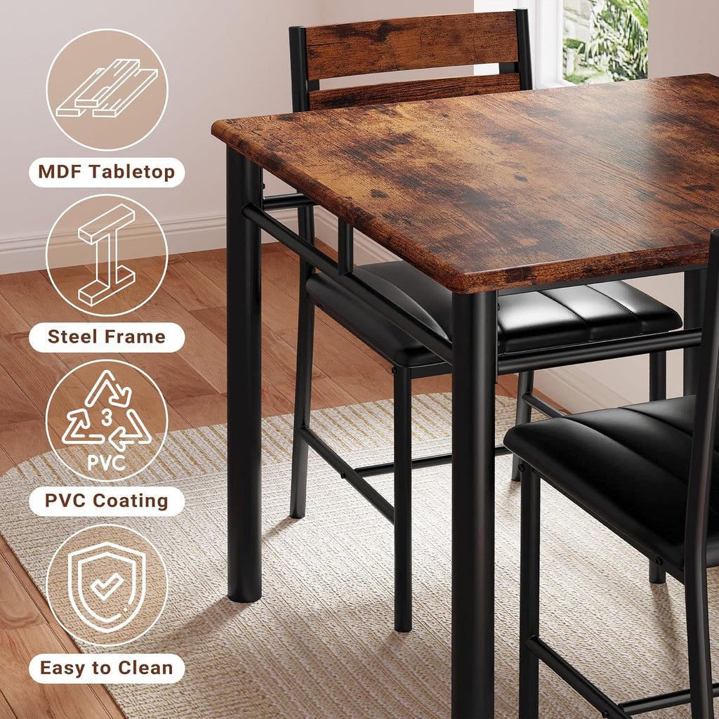 IRONCK Dining Table Set for 2 with Upholstered Chairs, Rustic Brown