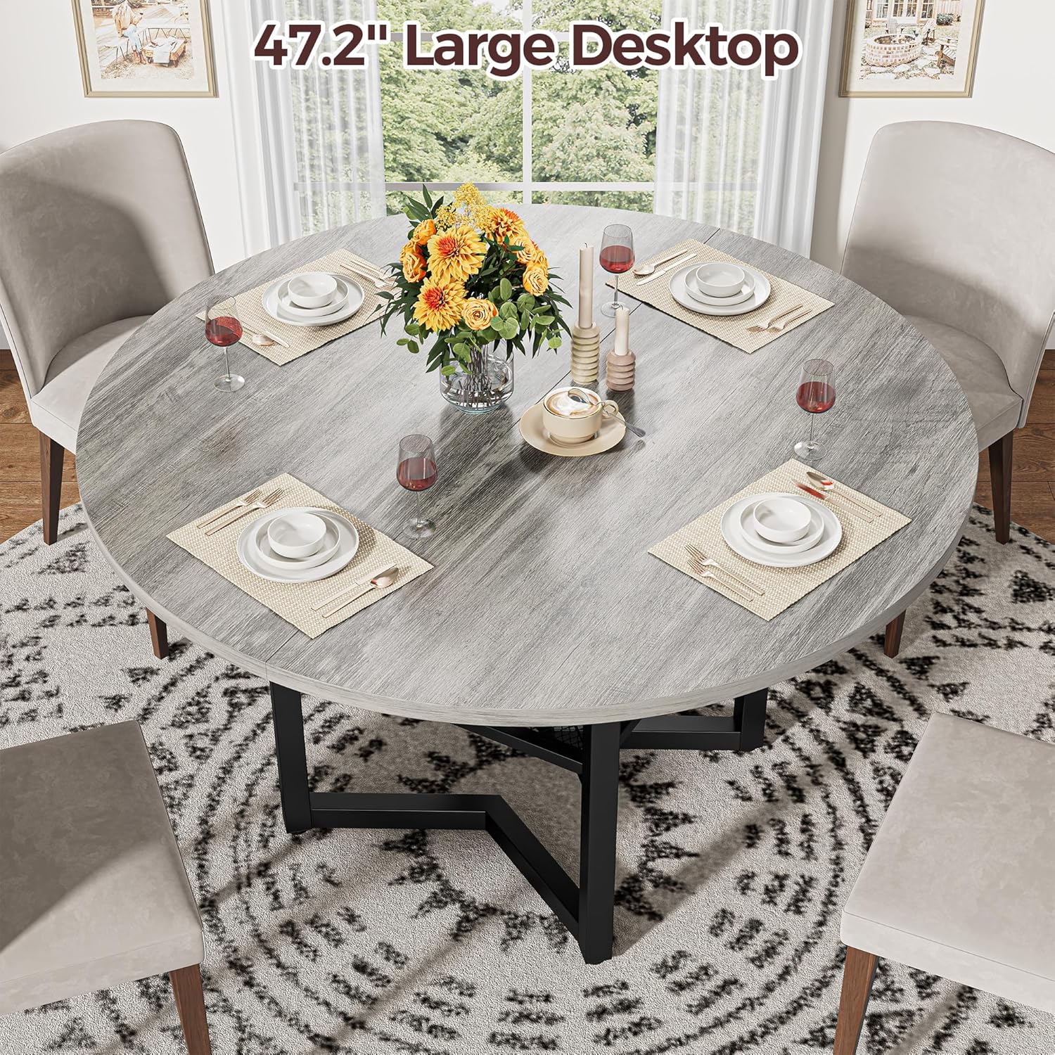 IRONCK 47.2" Round Dining Table with Wooden Tabletop and Metal Base, Gray