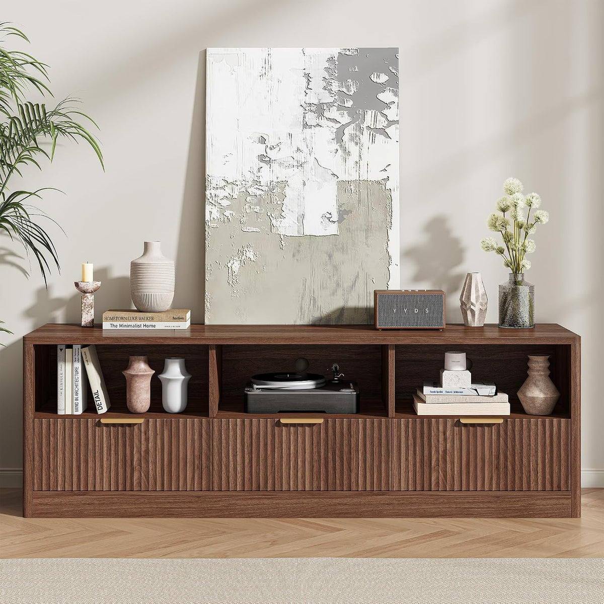 IRONCK 59" Fluted TV Stand for TVs Up to 65", Walnut