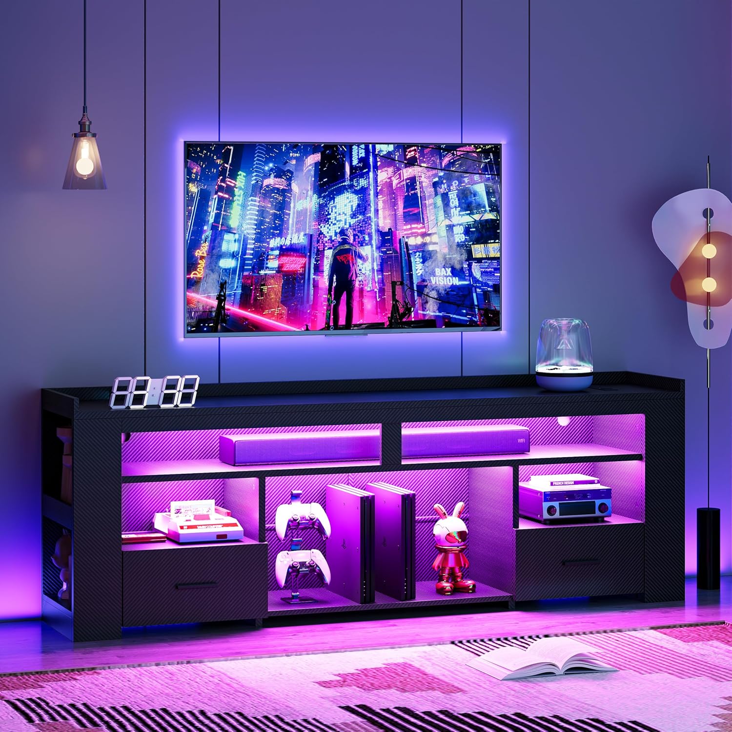 IRONCK TV Stand for 75 Inch TV, Carbon Fiber Entertainment Center with 2 Drawers
