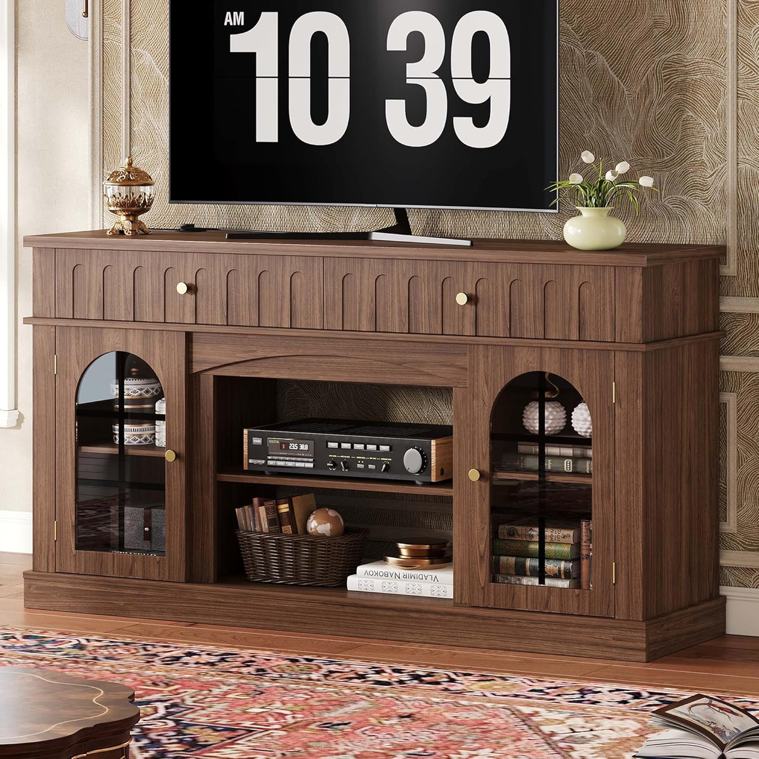 IRONCK TV Stand for 65 Inch TV, Entertainment Center with Charging Station, Brown