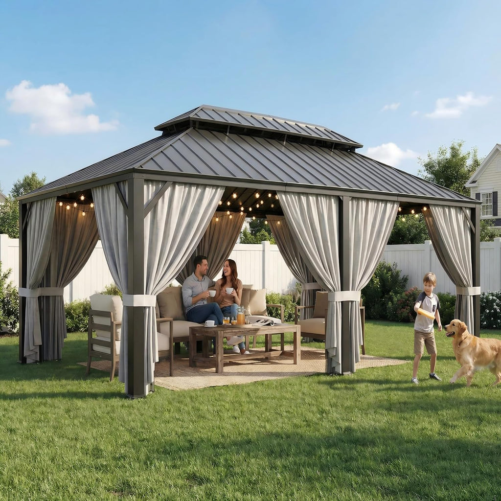 IRONCK Aluminum Patio Gazebo with Double Roof, with Net and Curtain