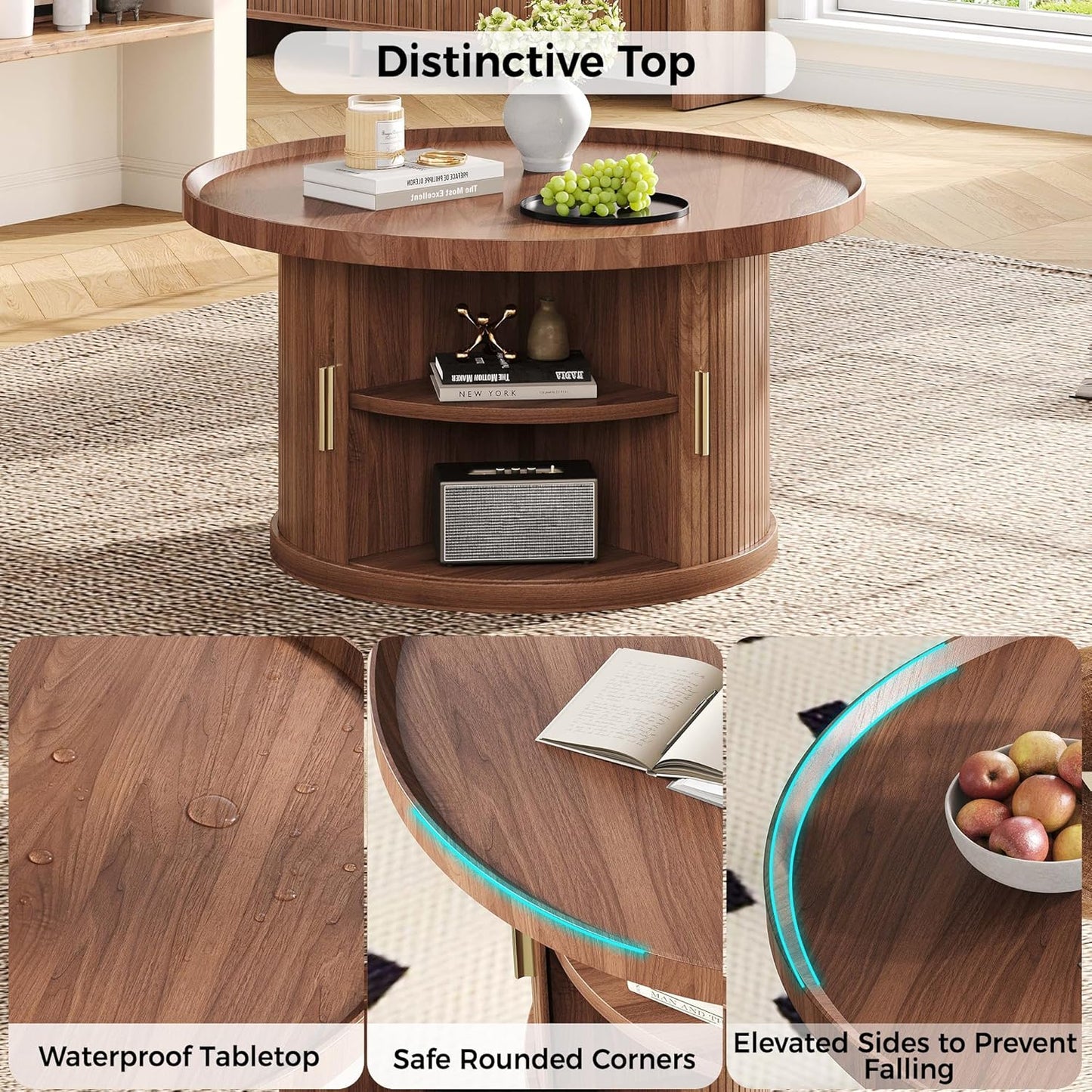 IRONCK Coffee Table, 31.5" Round Coffee Table with Storage & Sliding Tambour Door, Fluted Center Table for Living Room, Small Space, Mid Century Modern, Walnut