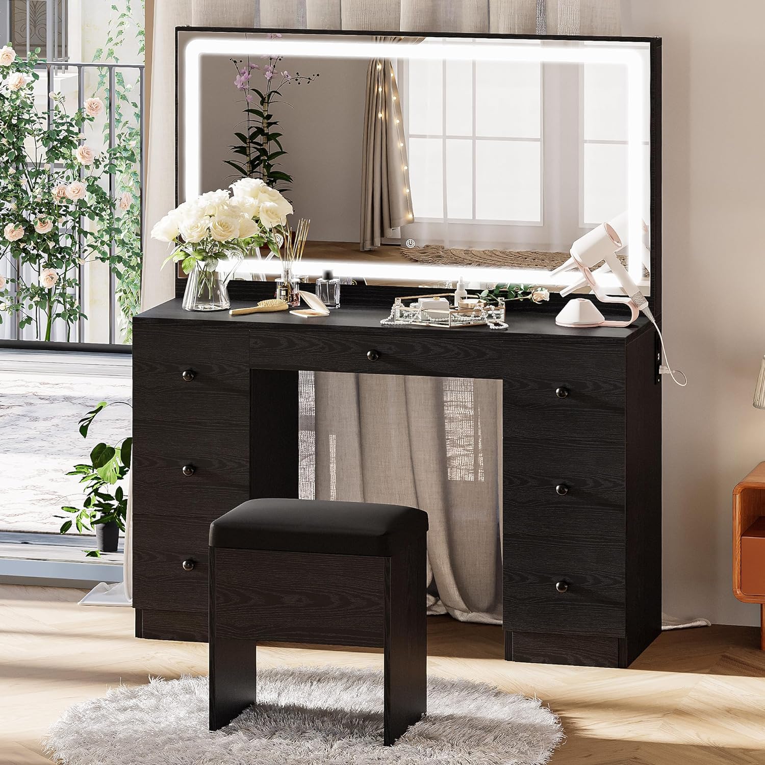 dressing table vanity IRONCK Vanity Desk Set with Large LED Lighted Mirror & Power Outlet, 7 Drawers Vanities Dressing Makeup Table with Storage Bench, for Bedroom, In