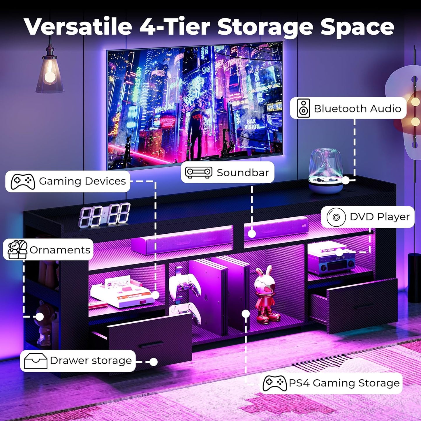 IRONCK TV Stand for 75 Inch TV, Carbon Fiber Entertainment Center with 2 Drawers