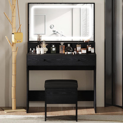 LED Lighted Mirror Makeup Desk Set- Black