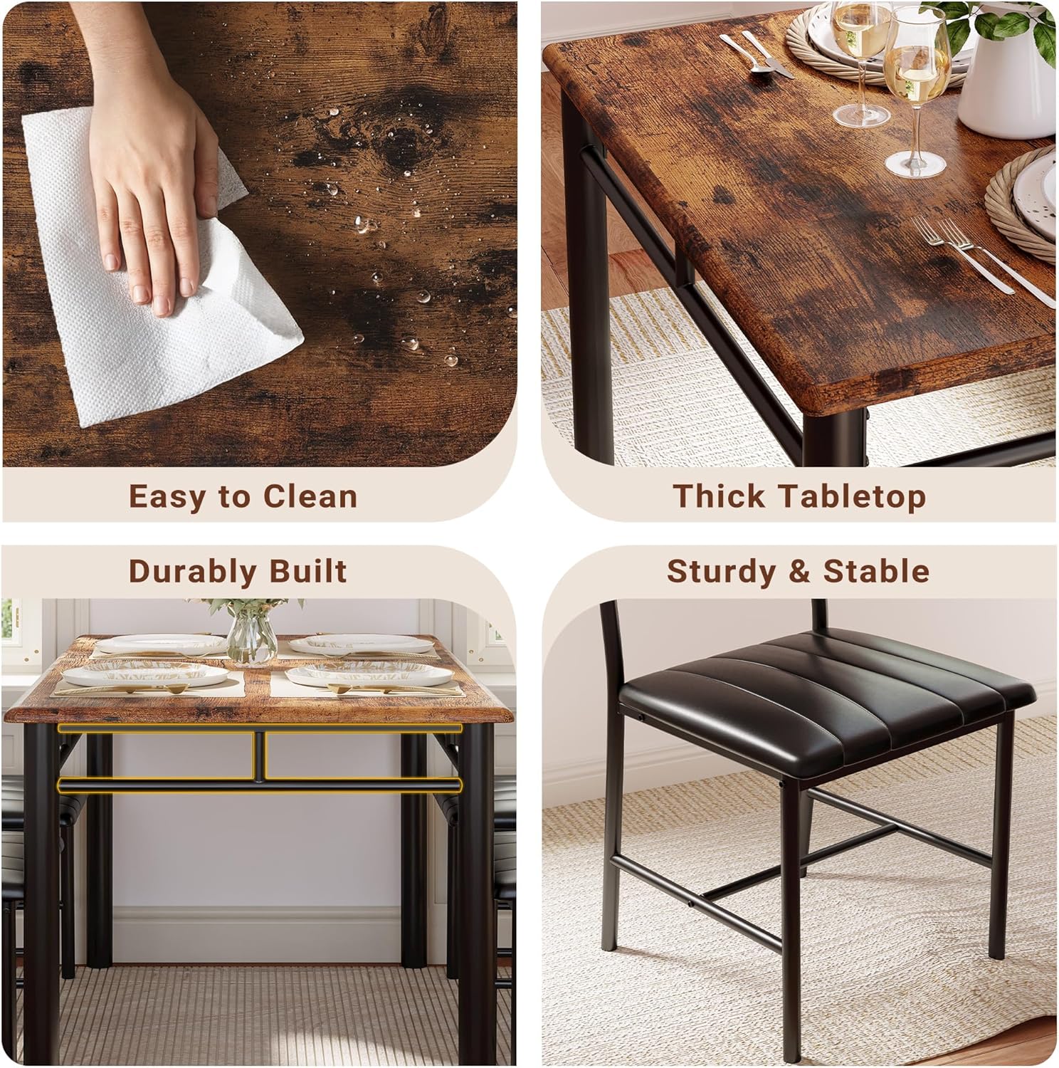 IRONCK Dining Table Set for 4, Wood Kitchen Table with Upholstered Chairs for Kitchen Room and Small Spaces, Rustic Brown