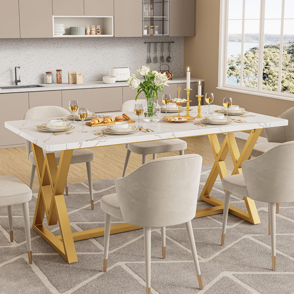 IRONCK 63" Dining Table for 4-6,  with Sturdy Metal Frame-White