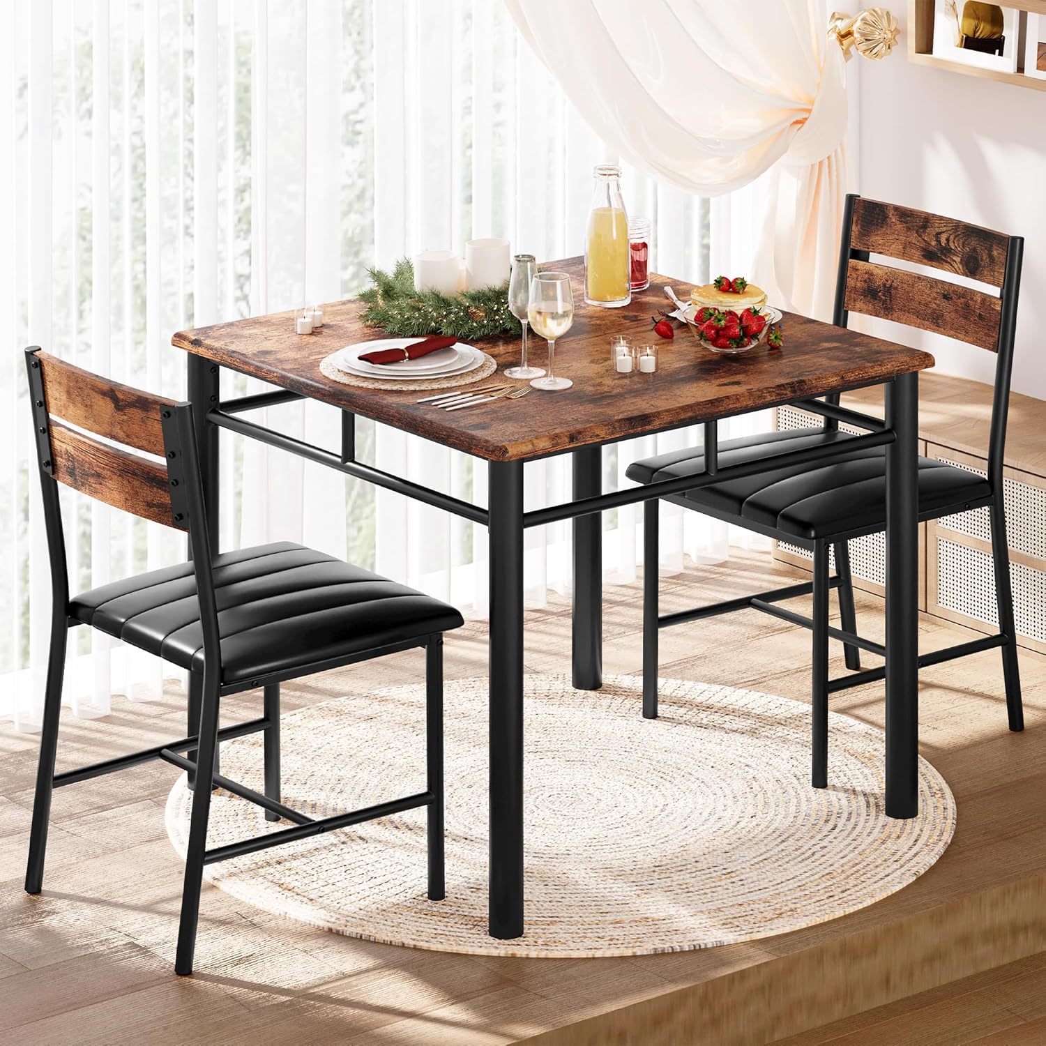 IRONCK Dining Table Set for 2 with Upholstered Chairs, Rustic Brown