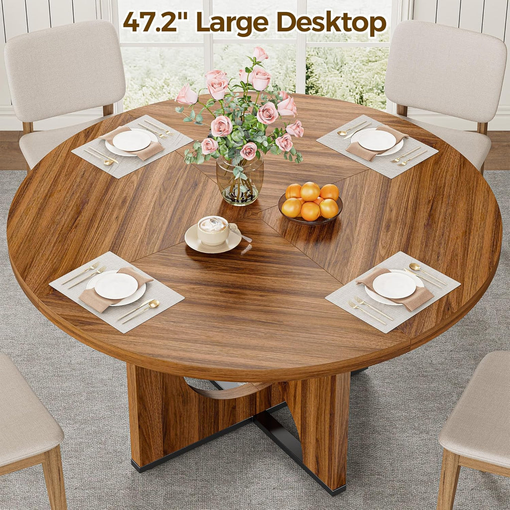 IRONCK 47.2" Wooden Round Dining Table for 4-6 People, Walnut