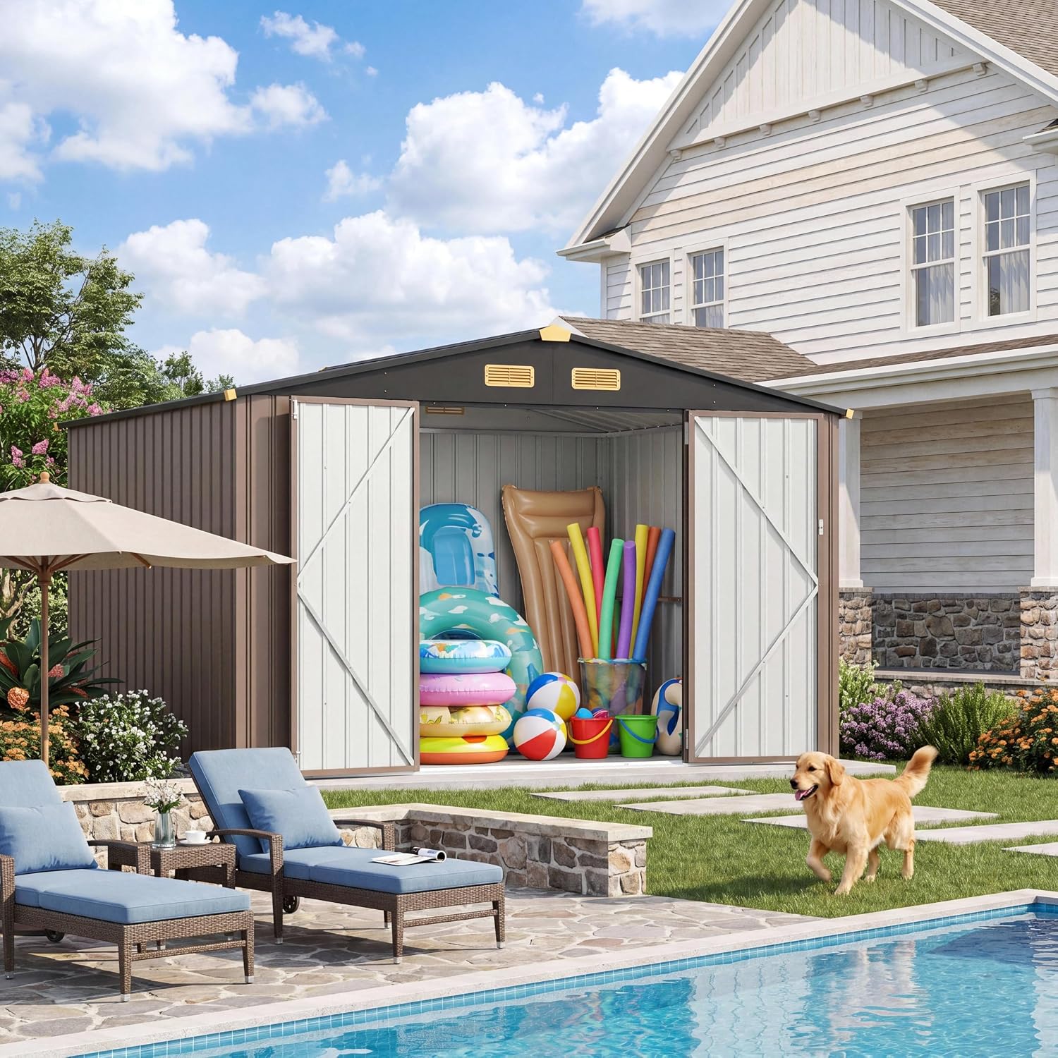 IRONCK Storage Shed, 9.7 x 7.7 FT Tool Shed with Lockable Doors, Brown Galvanized Steel Metal, Breathable Vent, Garden Shed for Yard Bins, Wheelbarrow, Generator