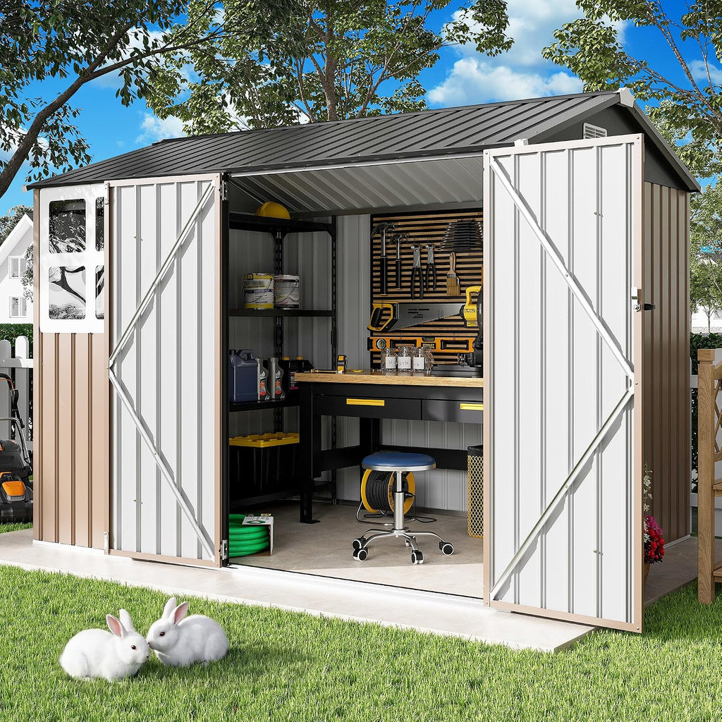 IRONCK 8x6FT Outdoor Storage Shed with Clear Window, Outdoor Shed, Brown Breathable Vent, Lockable Doors, Metal Garden Storage, Tool Shed, For Poolside, Patio, Backyard