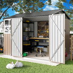 IRONCK 8x6FT Outdoor Storage Shed with Clear Window, Outdoor Shed, Brown Breathable Vent, Lockable Doors, Metal Garden Storage, Tool Shed, For Poolside, Patio, Backyard